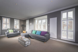 White Contemporary Box Bay Plantation Shutters